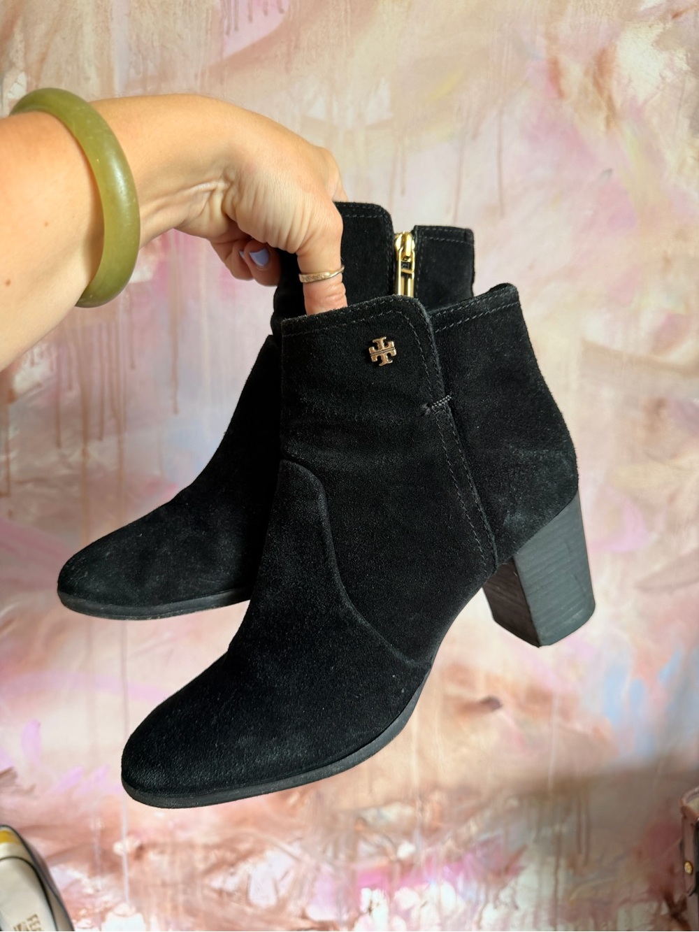 Tory Burch Black Suede Ankle Booties with Gold Logo